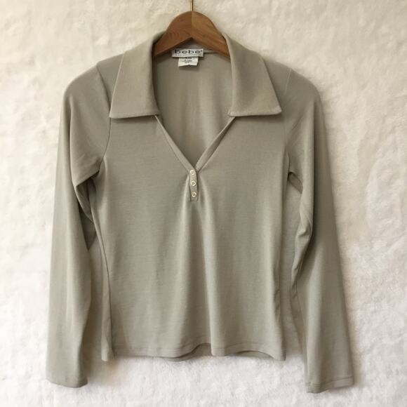 bebe Tops - Bebe Beige Long Sleeve V-Neck Top
